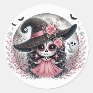 Cute Halloween Sugar Skull Witch Classic Round Sticker