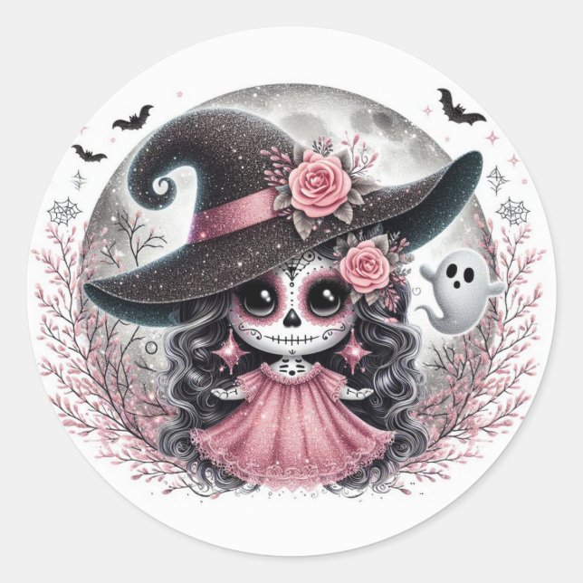 Cute Halloween Sugar Skull Witch Classic Round Sticker (Front)
