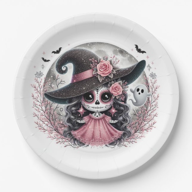 Cute Halloween Sugar Skull Witch Haunted Scene Paper Plate (Front)