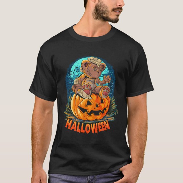 Cute Halloween Teddy Bear Sitting Pumpkin Hallowee T-Shirt (Front)