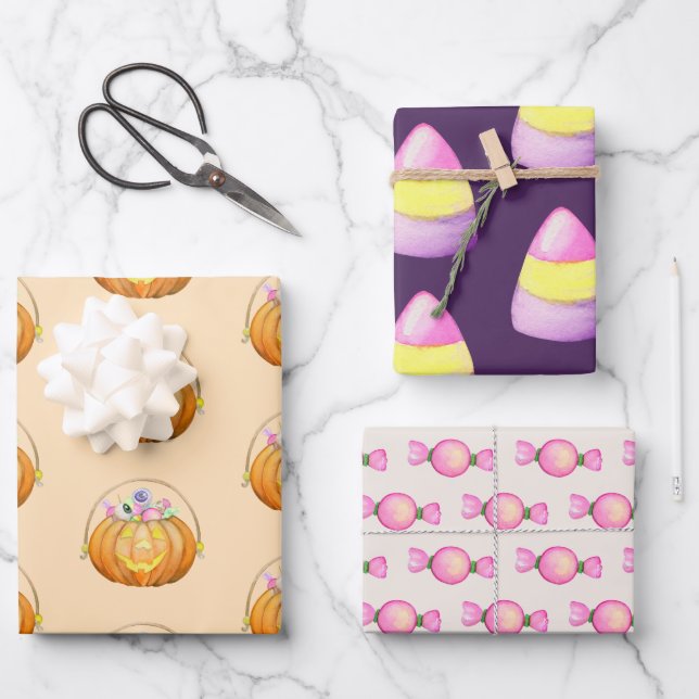 Cute Halloween Trick or Treat Candy Wrapping Paper Sheet (Front)