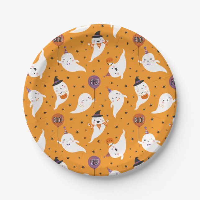 Cute Halloween Trick or Treat Ghosts Paper Plate (Front)