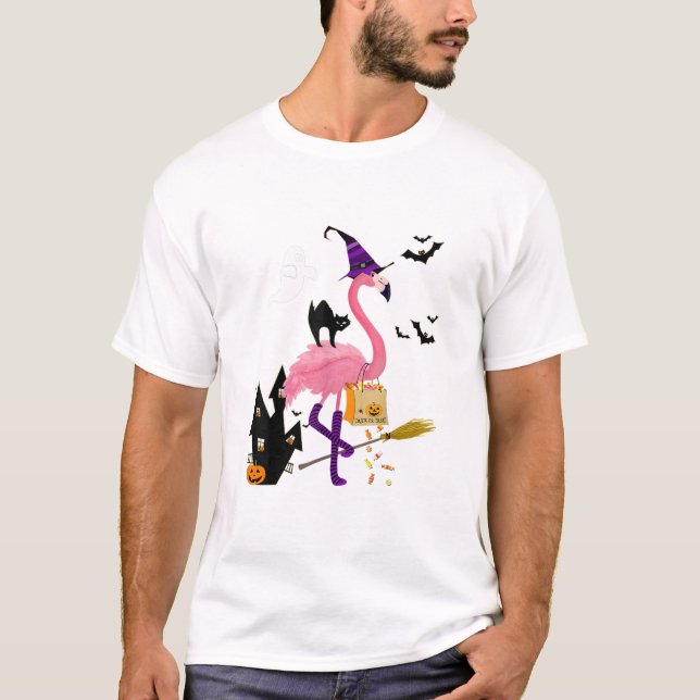 Cute Halloween Trick or Treat Witch Flamingo T-Shirt (Front)