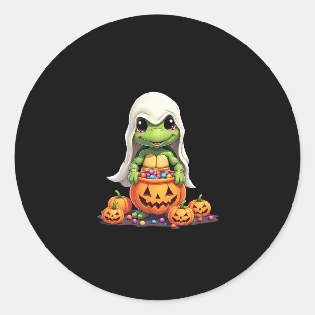 Cute Halloween Turtle Ghost with Candy (1) Classic Round Sticker (Front)
