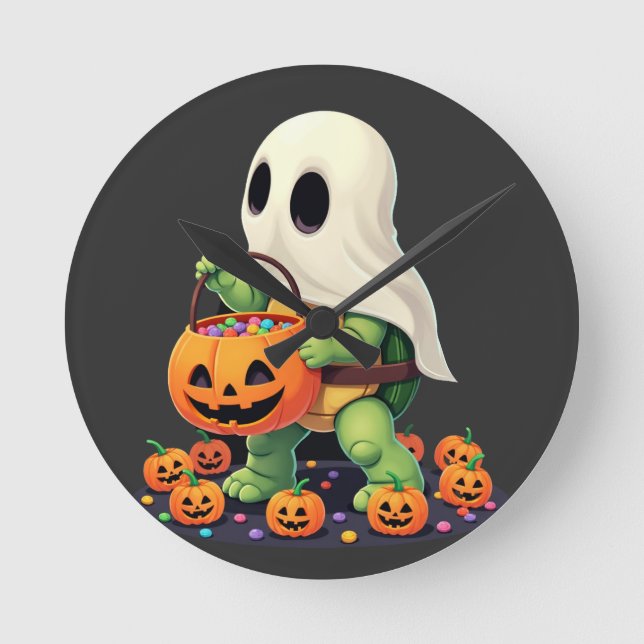 Cute Halloween Turtle Ghost with Candy (2) Round Clock (Front)