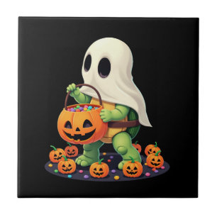 Cute Halloween Turtle Ghost with Candy (2) Tile