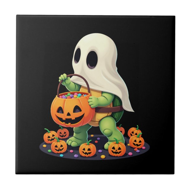 Cute Halloween Turtle Ghost with Candy (2) Tile (Front)