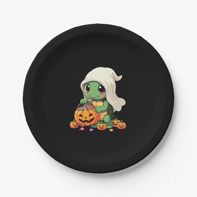 Cute Halloween Turtle Ghost with Candy (3) Paper Plate (Front)