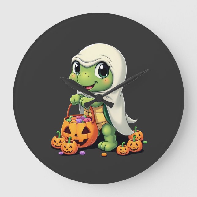 Cute Halloween Turtle Ghost with Candy (4) Large Clock (Front)