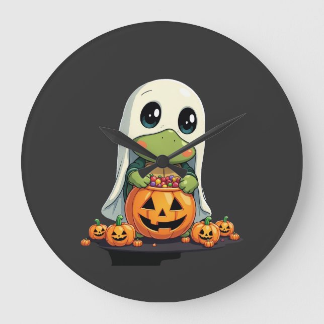 Cute Halloween Turtle Ghost with Candy (5) Large Clock (Front)