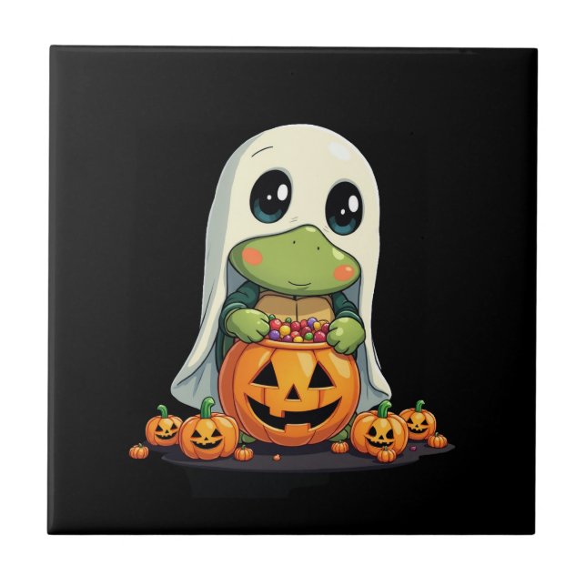 Cute Halloween Turtle Ghost with Candy (5) Tile (Front)