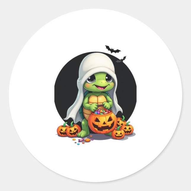 Cute Halloween Turtle Ghost with Candy (7) Classic Round Sticker (Front)