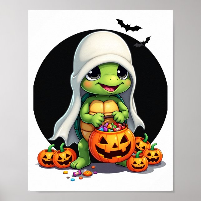 Cute Halloween Turtle Ghost with Candy (7) Poster (Front)