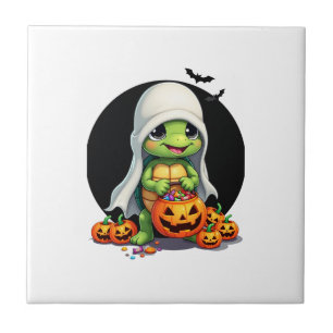 Cute Halloween Turtle Ghost with Candy (7) Tile