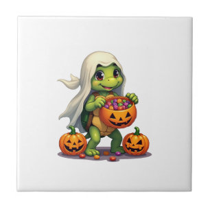 Cute Halloween Turtle Ghost with Candy (8) Tile