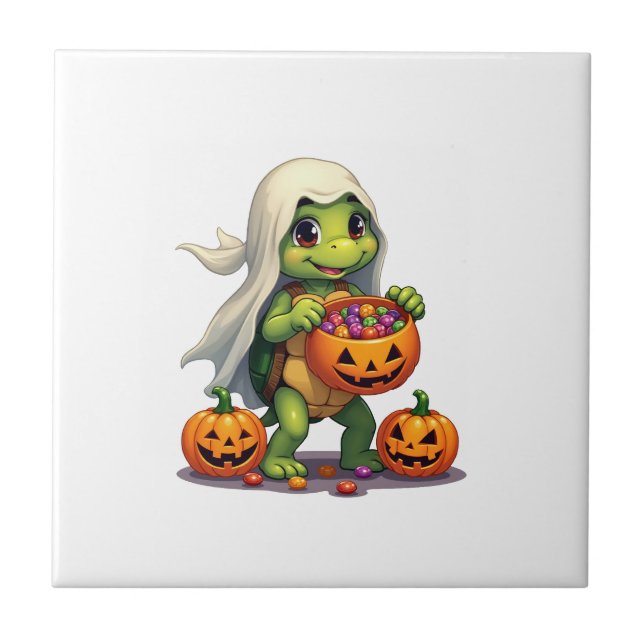 Cute Halloween Turtle Ghost with Candy (8) Tile (Front)