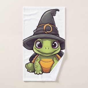 Cute Halloween turtle with a witch hat. Copy Hand Towel