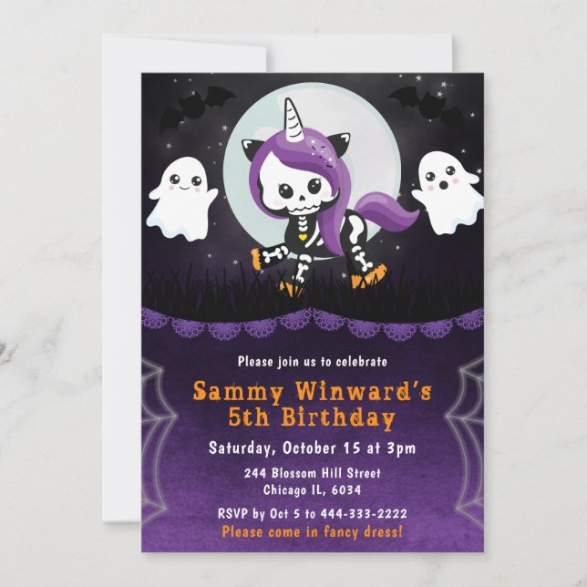 Cute Halloween Unicorn and Ghosts  Birthday Party Invitation (Front)