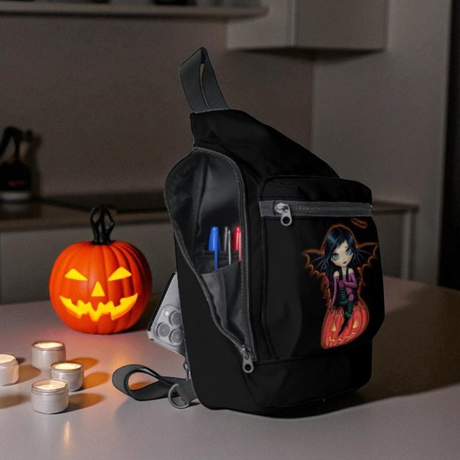 Cute Halloween Vampire Girl and Jack-o-Lantern  Sling Bag (Creator Uploaded)