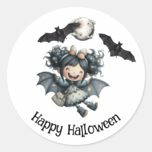 Cute Halloween Vampire Girl with Bats, Full Moon Classic Round Sticker
