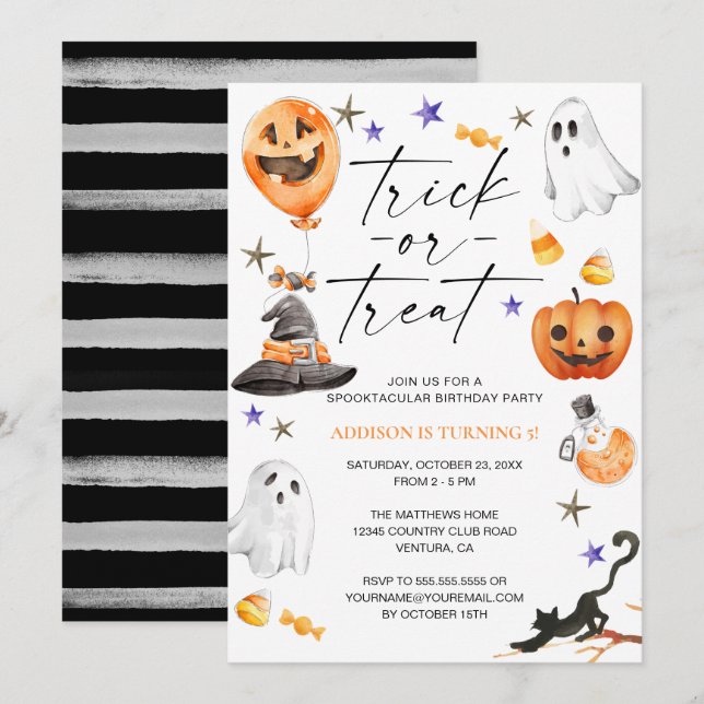 Cute Halloween Watercolor Birthday Party  Invitation (Front/Back)