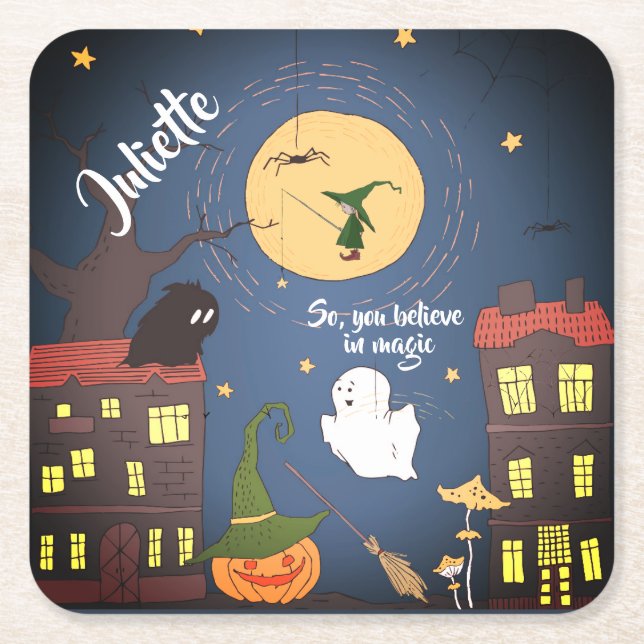 Cute Halloween Watercolor Personalised  Square Paper Coaster (Front)