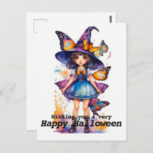 Cute Halloween Witch and Butterflies Postcard