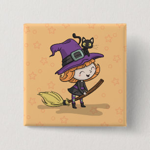 Cute Halloween Witch and Cat Button