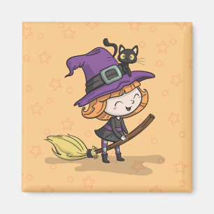 Cute Halloween Witch and Cat   Magnet