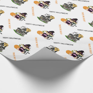 Cute Halloween witch and haunted house Wrapping Paper
