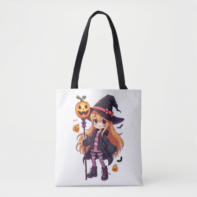 Cute Halloween Witch Anime Girl Sticker Tote Bag (Front)