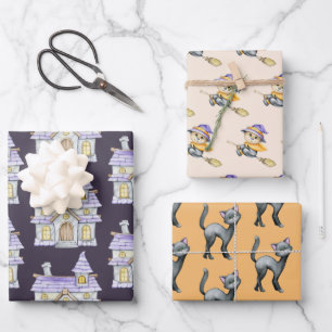 Cute Halloween Witch Black Cat Old House Wrapping Paper Sheet