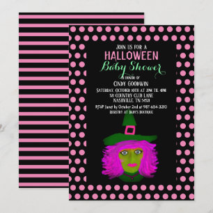 Cute Halloween Witch Black Pink Girl Baby Shower Invitation