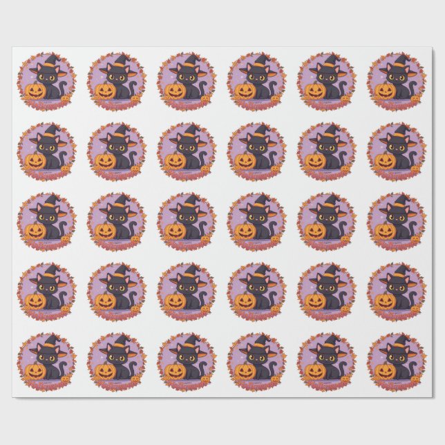 Cute+Halloween+Witch+BlackCat+PUMPKIN Wrapping Paper (Flat)