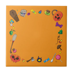 Cute Halloween Witch Broomstick orange Tile