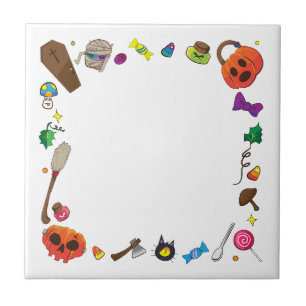 Cute Halloween Witch Broomstick white Tile