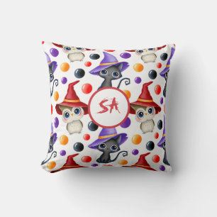 Cute Halloween Witch Cat and Owl Red Purple White Cushion