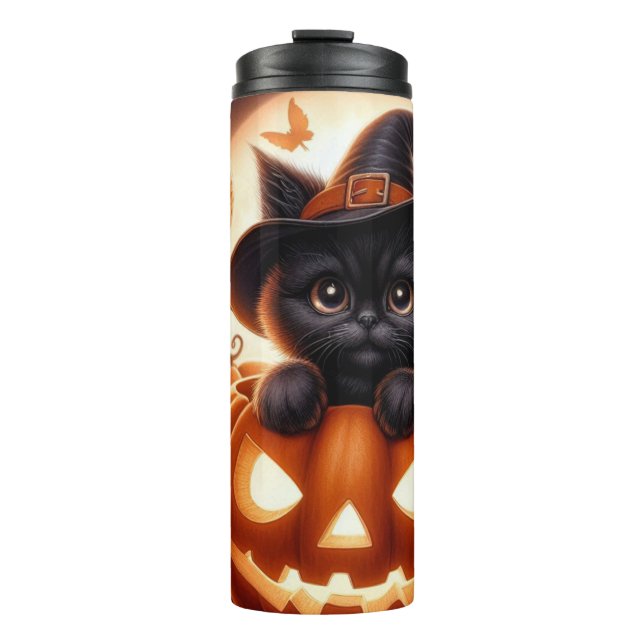 Cute Halloween Witch Cat Pumpkin Thermal Tumbler  (Front)