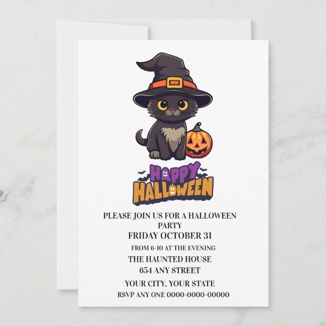 Cute Halloween Witch Cat with Pumpkin  Invitation (Front)