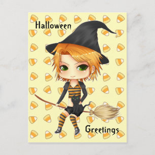 Cute Halloween witch chibi girl post card