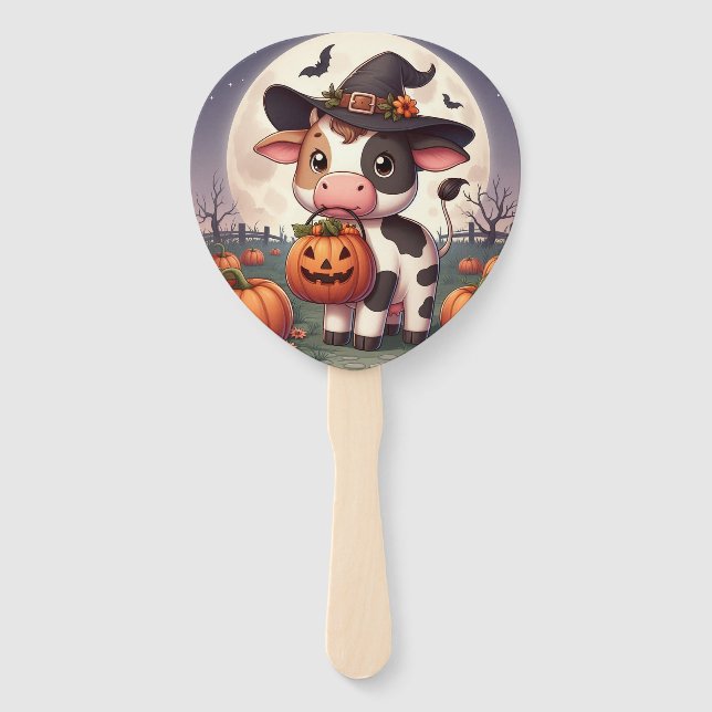 Cute Halloween witch cow Hand Fan (Front)