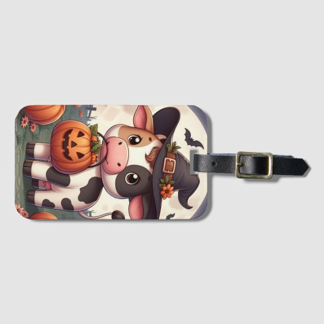 Cute Halloween witch cow Luggage Tag (Front Horizontal)