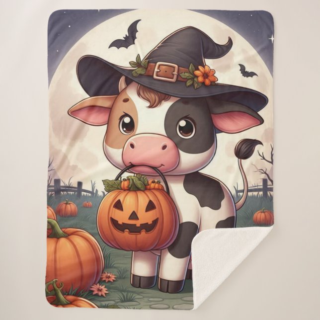 Cute Halloween witch cow Sherpa Blanket (Front)