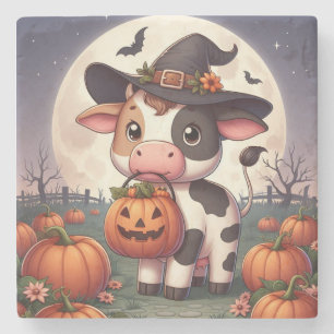 Cute Halloween witch cow Stone Coaster