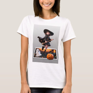 Cute Halloween Witch Flying on Broomstick T-Shirt