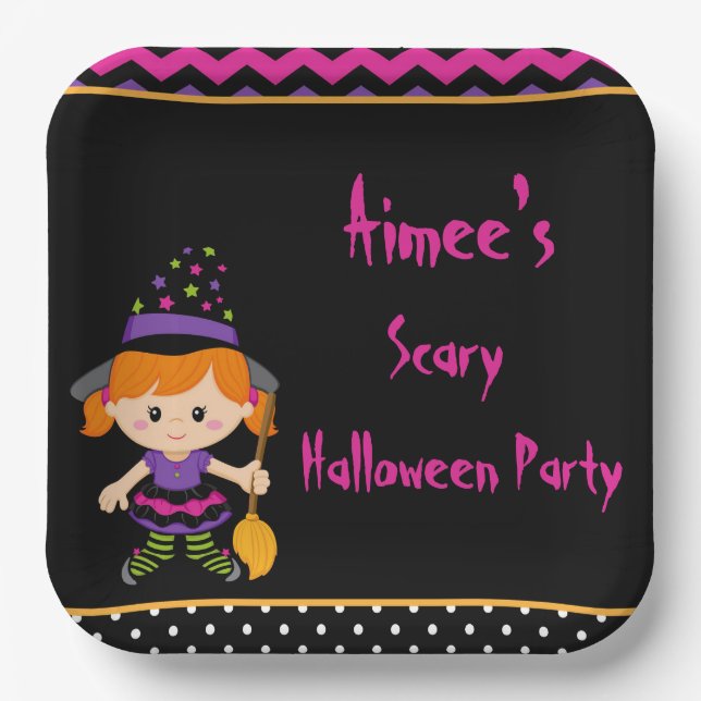 Cute Halloween Witch Girl Halloween Party Paper Plate (Front)
