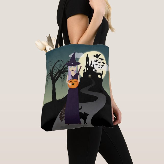 Cute Halloween Witch, Happy Pumpkin and Black Cat Tote Bag (Close Up)