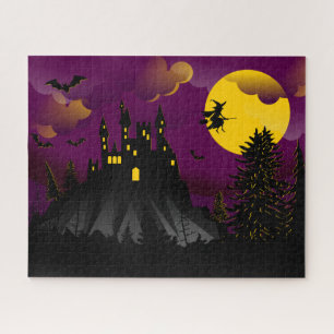 Cute Halloween Witch Haunted House Full Moon Jigsaw Puzzle
