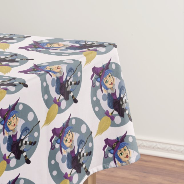 Cute Halloween Witch on Broom Tablecloth (In Situ)