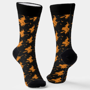 Cute Halloween Witch on Broomstick with Name Socks